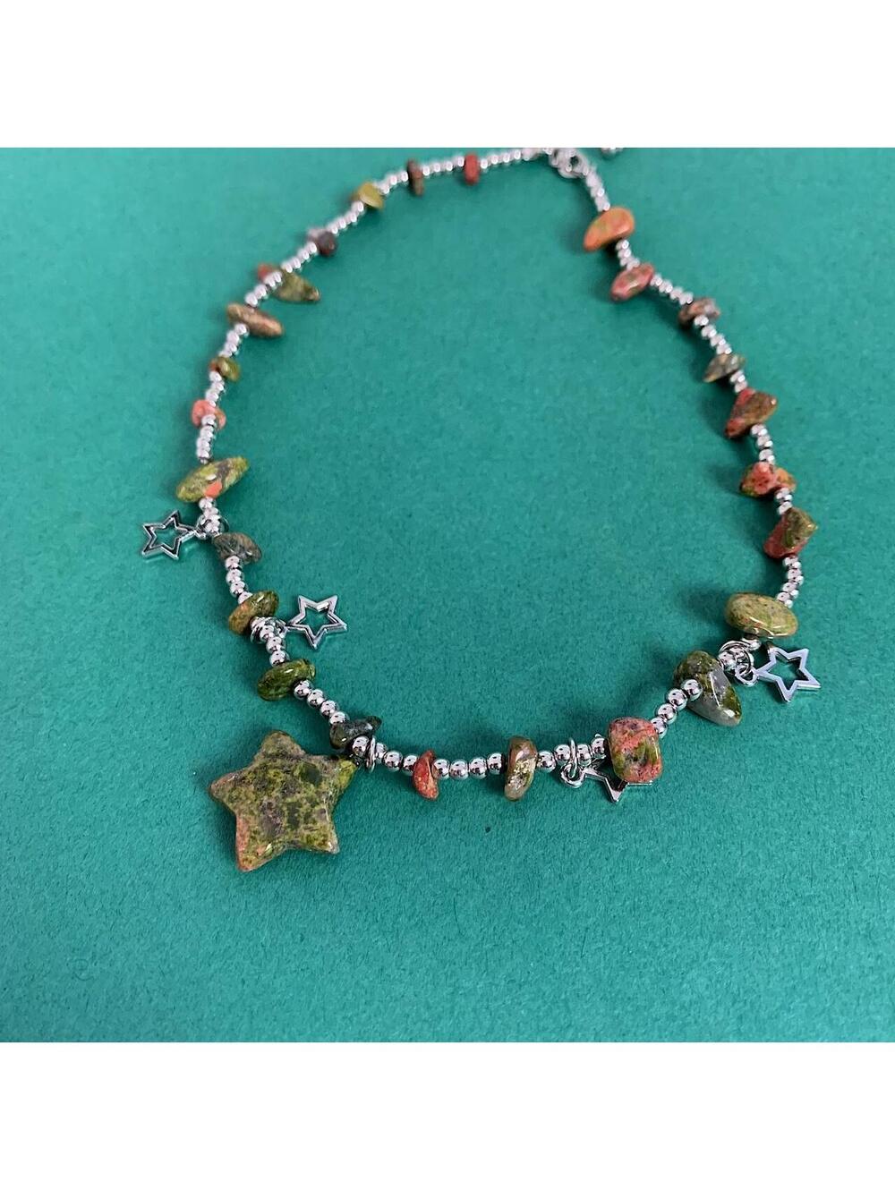 Y2k 2000s style Earth Tone Star Rock Silver Beaded Pendant Necklace. Chain is - Picture 4 of 7